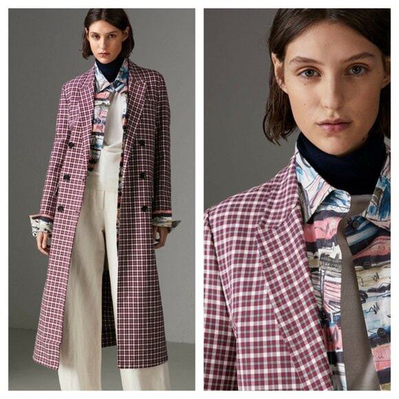 $3,490 BURBERRY NWT Authentic Purple Plaid Stripe Jacket Trench Coat – Size 10 - Picture 15 of 16